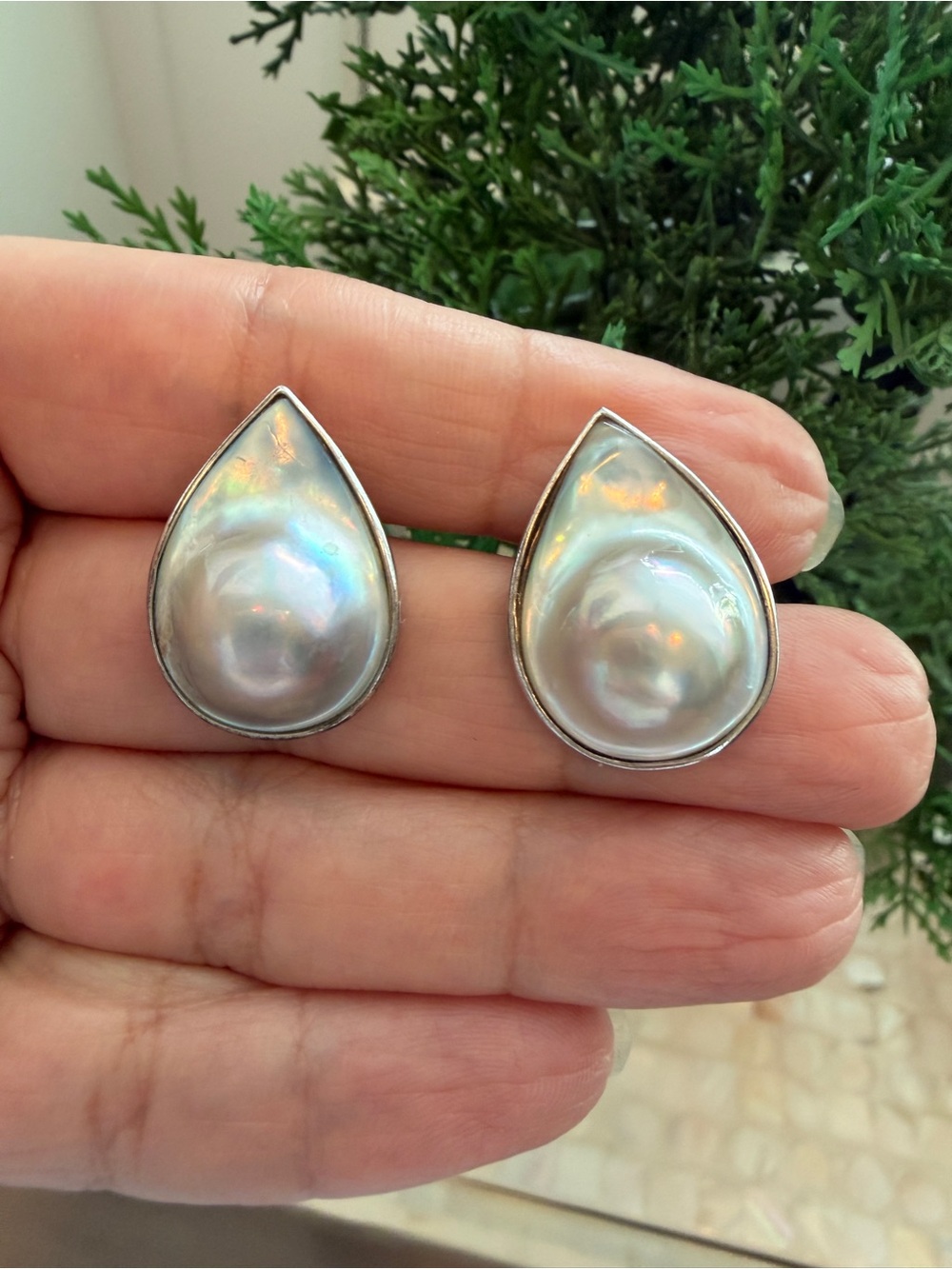 STERLING SILVER BLISTER PEARL PIERCED EARRINGS, VAR china 925 stamp vintage